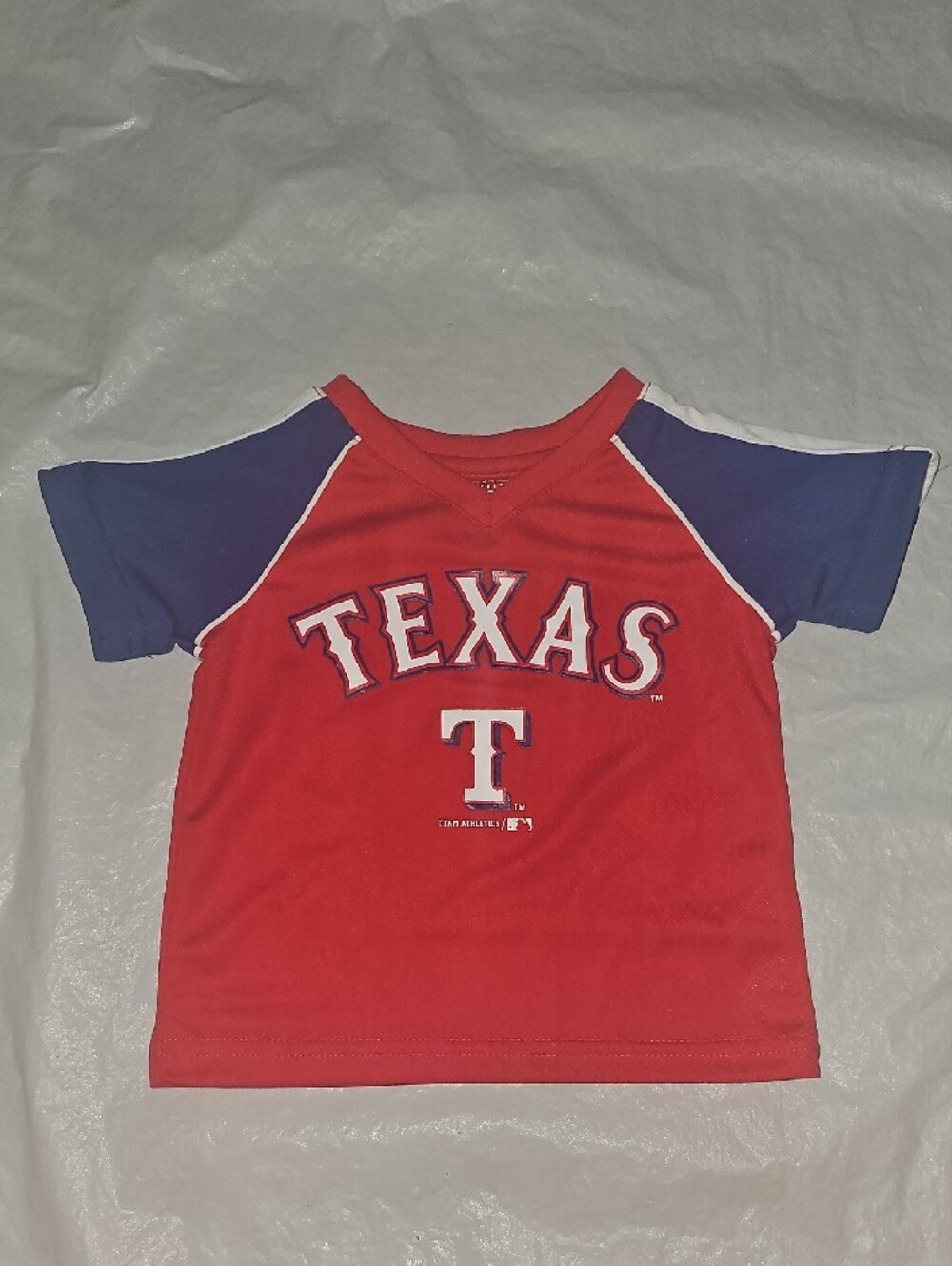 Texas Rangers Baby 12 Months Red, Blue & White Short Sleeve Raglan V Neck Top